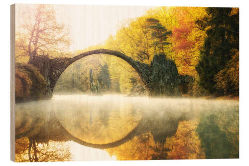 Wood print Foggy Rakotzbridge