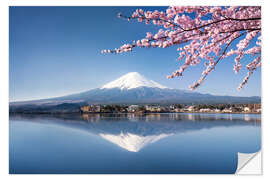 Sticker mural Lac Kawaguchi et mont Fuji, printemps japonais