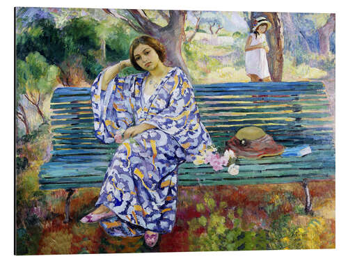 Aluminiumsbilde Young woman sitting on a bench