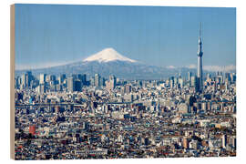 Wood print Tokyo Skyline with Mt Fuji and Skytree and Shinjuku