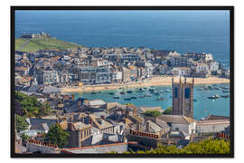 Gerahmter Kunstdruck Blick auf Altstadt und Hafen von St. Ives, Cornwall (England)