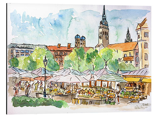 Tableau en aluminium Aquarelle de la place du marché de Munich en été