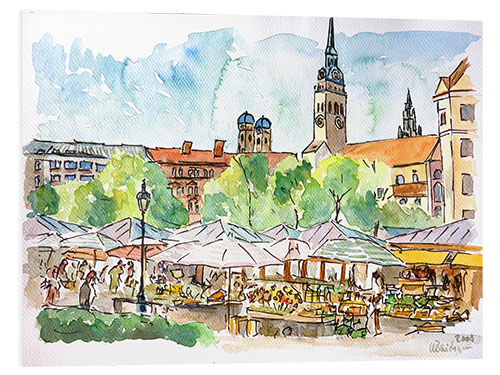 Quadro em PVC Munich Food Market Square Day in Summer Aquarell