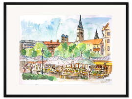 Gerahmter Kunstdruck München Viktualienmarkt Tag im Sommer Aquarell