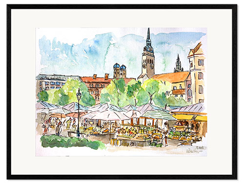 Kunsttryk i ramme Munich Food Market Square Day in Summer Aquarell