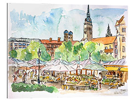 Tableau en plexi-alu Aquarelle de la place du marché de Munich en été