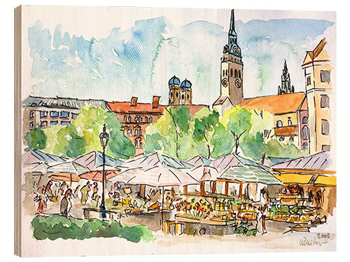 Tableau en bois Aquarelle de la place du marché de Munich en été