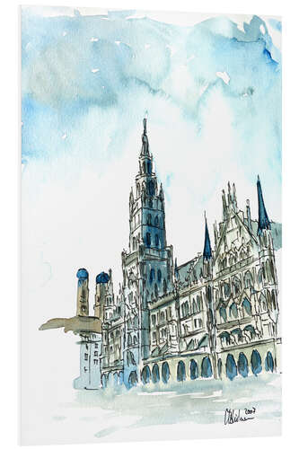 Tableau en PVC Nouvel hôtel de ville de Munich en aquarelle