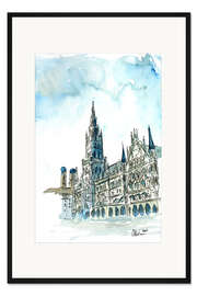 Gerahmter Kunstdruck München Neues Rathaus am Marienplatz Aquarell