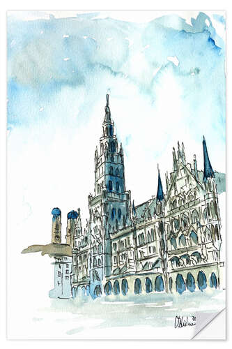 Wandsticker München Neues Rathaus am Marienplatz Aquarell