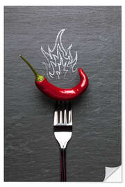 Selvklebende plakat red chili peppers with fire