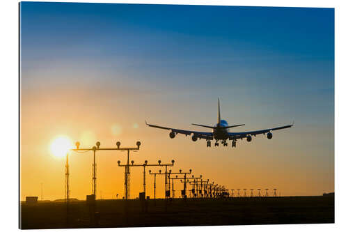 Gallery print Aeroplane landing at sunset