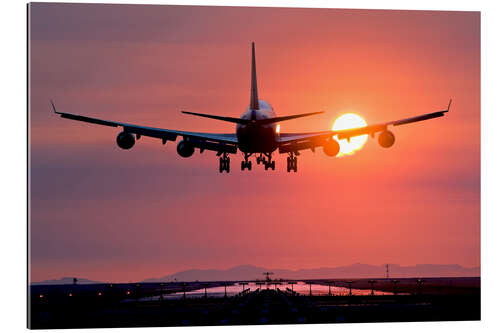 Gallery print Aeroplane landing at sunset