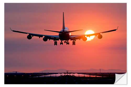 Selvklebende plakat Landing av fly ved solnedgang