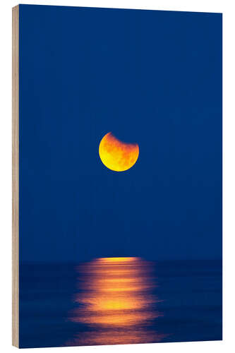 Wood print Partially eclipsed setting moon