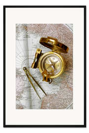 Gerahmter Kunstdruck Goldener Kompass und Zirkel