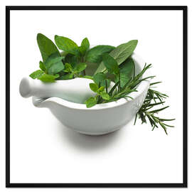 Gerahmter Kunstdruck Kräuter in einem Mörser