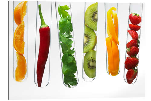 Quadro em plexi-alumínio Fruit and vegetables in test tubes