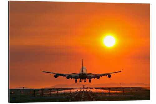 Gallery print Aeroplane landing at sunset