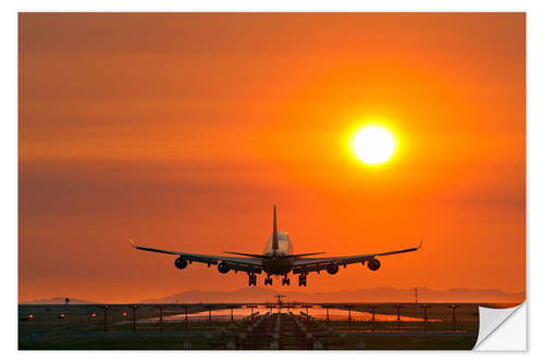 Selvklebende plakat Aeroplane landing at sunset