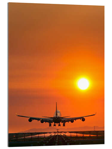 Gallery print Aeroplane landing at sunset