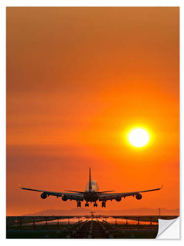 Selvklebende plakat Aeroplane landing at sunset