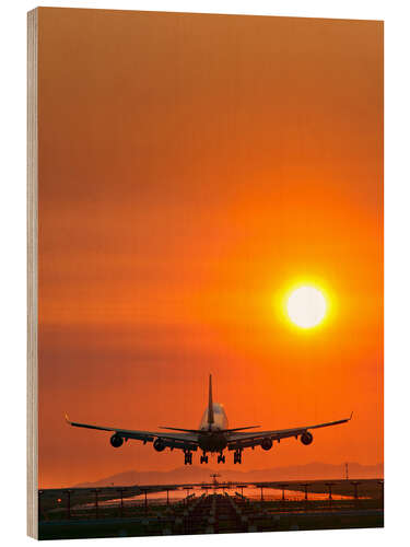 Wood print Aeroplane landing at sunset