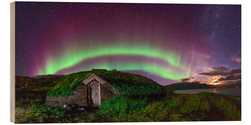 Wood print Auroral over Viking house, Greenland