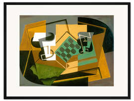 Gerahmter Kunstdruck Schachbrett, Glas und Teller