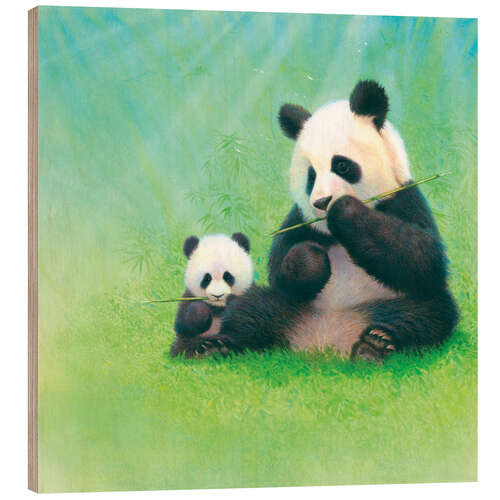 Holzbild Panda, Baby und Bambus