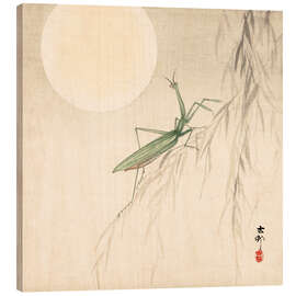 Wood print  praying mantis on willow branch, a full moon above - Ohara Koson