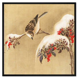 Gerahmter Kunstdruck Ein Spatz auf einem Vogelbeerenstrauch