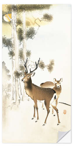 Selvklebende plakat Two deer, pine and moon