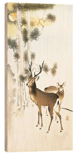 Wood print Deer and roe deer in winter