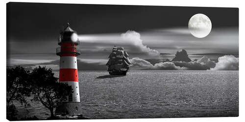 Leinwandbild Leuchtturm Colorkey in der Nacht