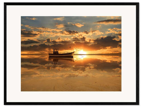 Impressão artística com moldura The fishing boat in the sunset