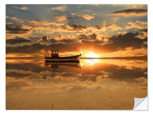 Muursticker The fishing boat in the sunset