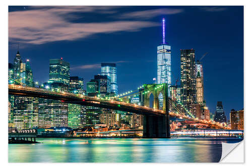 Selvklebende plakat Brooklyn Bridge om natten, New York