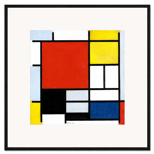 Ingelijste kunstdruk Compositie met groot rood vlak, geel, zwart, grijs en blauw