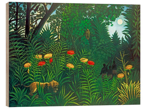 Wood print Exotic landscape with tiger and hunters