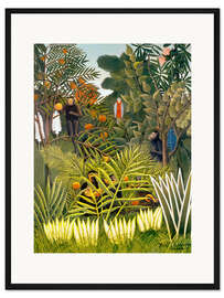 Gerahmter Kunstdruck Exotische Landschaft mit Affen und einem Papagei