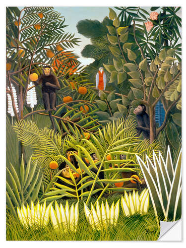 Selvklebende plakat Exotic Landscape with Monkeys and a Parrot