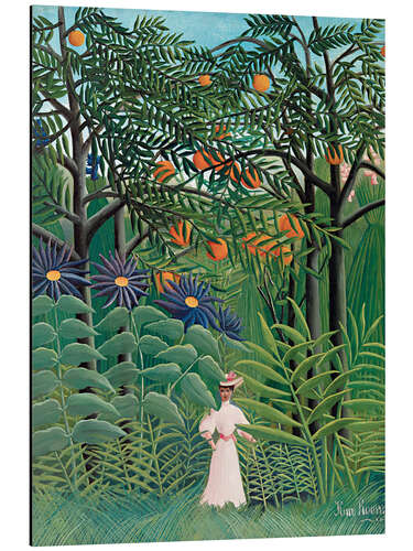 Aluminiumsbilde Woman Walking in an Exotic Forest