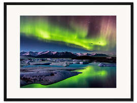 Gerahmter Kunstdruck Island: Polarlichter am Jökulsarlon