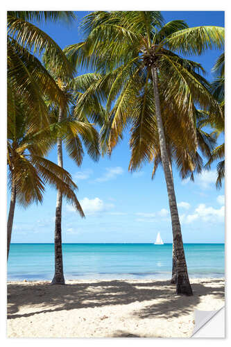 Selvklebende plakat Palm beach with sailboat, Martinique