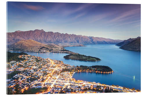 Acrylic print Queenstown illuminated at dusk and lake Wakatipu, Otago, New Zealand