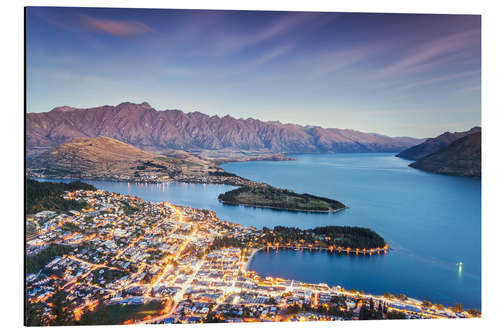 Aluminium print Queenstown illuminated at dusk and lake Wakatipu, Otago, New Zealand