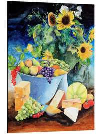 Aluminium print Still life with sunflowers, fruits and cheese