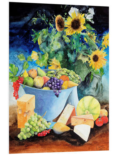 Foam board print Still life with sunflowers, fruits and cheese