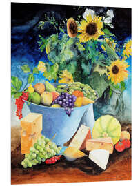 Foam board print Still life with sunflowers, fruits and cheese